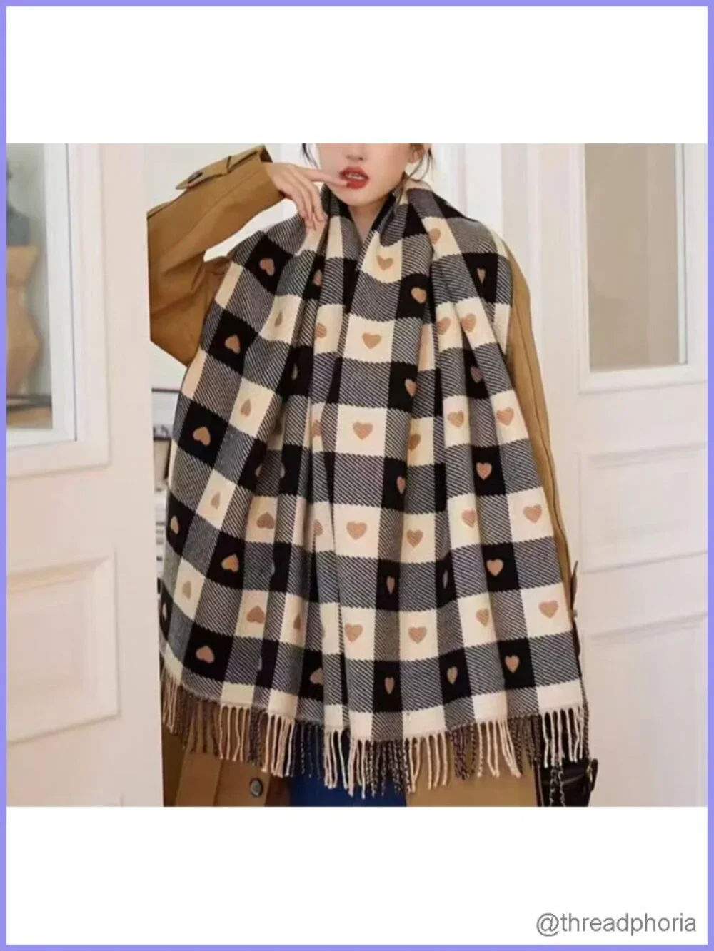 Oversized Plaid Heart Scarf Wrap Pashmina Shawl for Women Cozy Winter